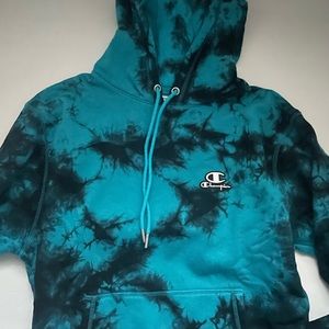 Men’s Blue and Black Tie-Dye Champion Hoodie Size Small
